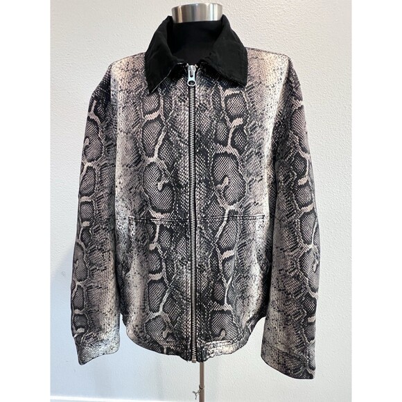 Zara Jacket Men Medium Snakeskin Print Denim Zip Closure Trucker Brown Black - Picture 1 of 12